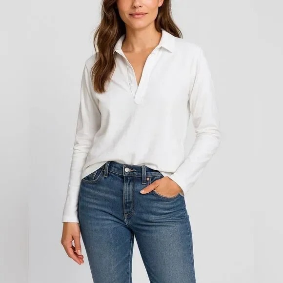 Frank & Eileen White 100% Cotton Long Sleeve Polo Popover Top Size S - Picture 1 of 10